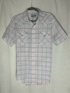 Vintage Western Rodeo Short-Sleeve Pastel Plaid Lightweight Button-Up Snap Shirt